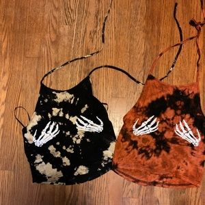 Black tie dye skeleton hand crop halter tops M L